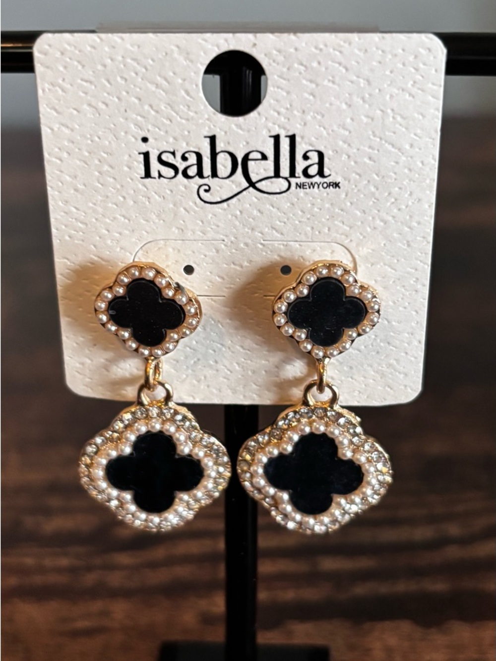 Black and‎ Gold Tone Double Drop Clover Earrings